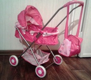 Коляска детская розовая лежачая с сумочкой 46458